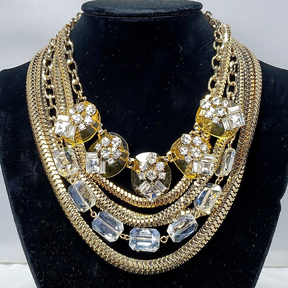 SHOP HQ multi chain and crystal station gold tone necklace 6 strands